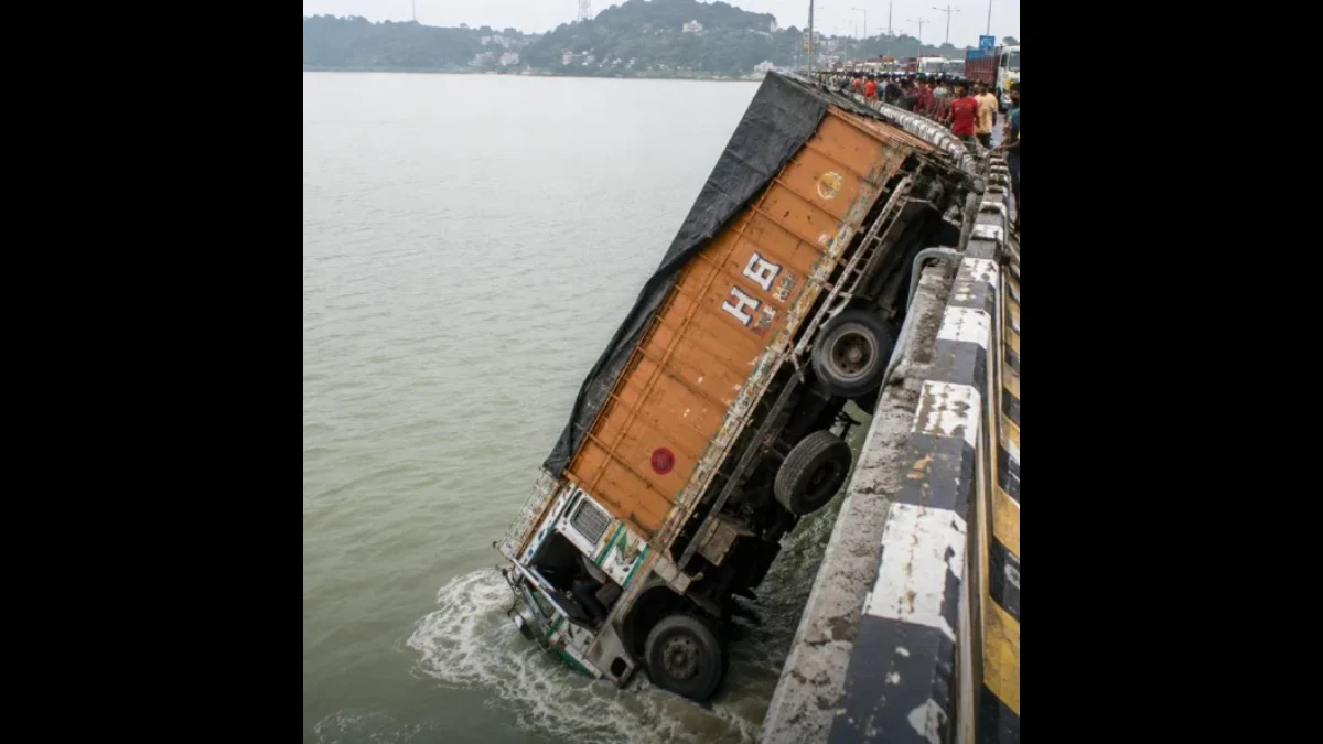 Container Truck Falls Off Saraighat Bridge Near Guwahati After Early Morning Mishap